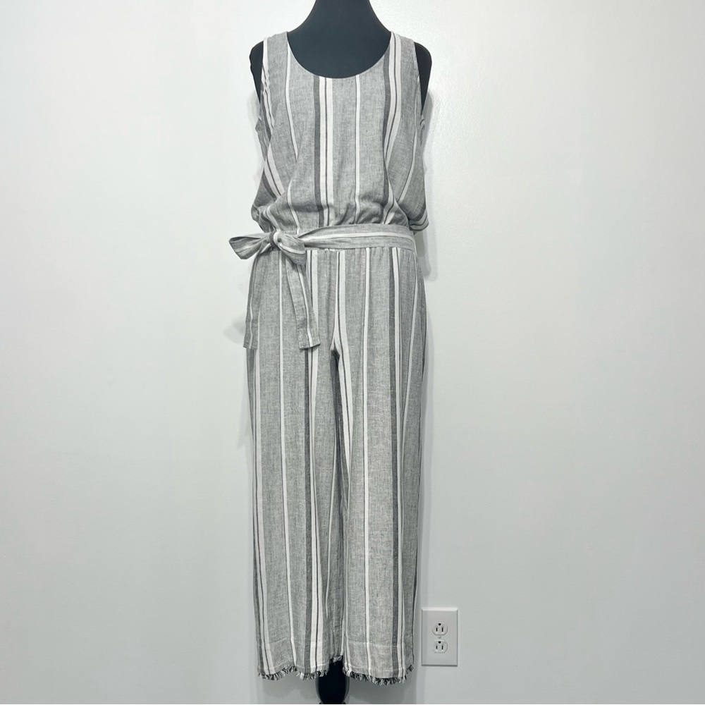 Cloth & Stone Striped Fray Hem Linen Jumpsuit M